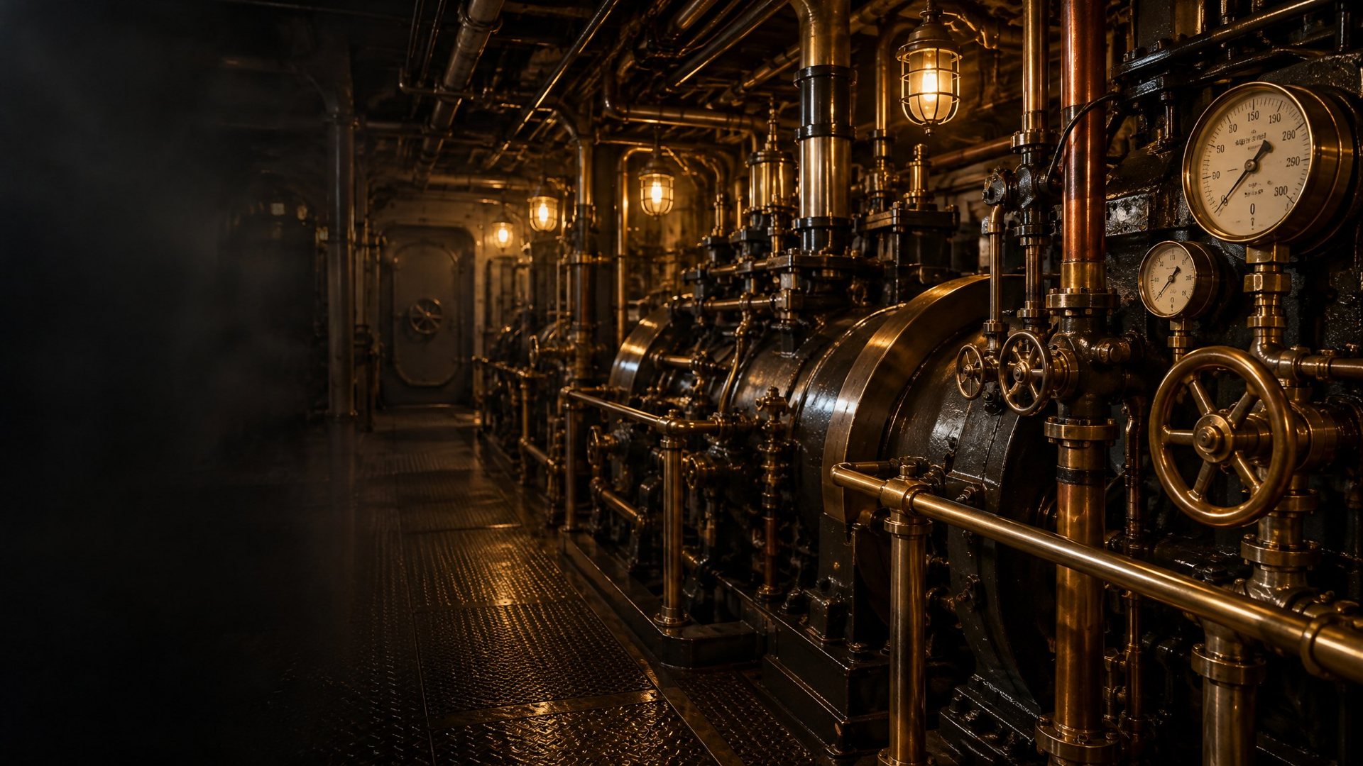 Brass and steel machinery in a dimly lit engine room