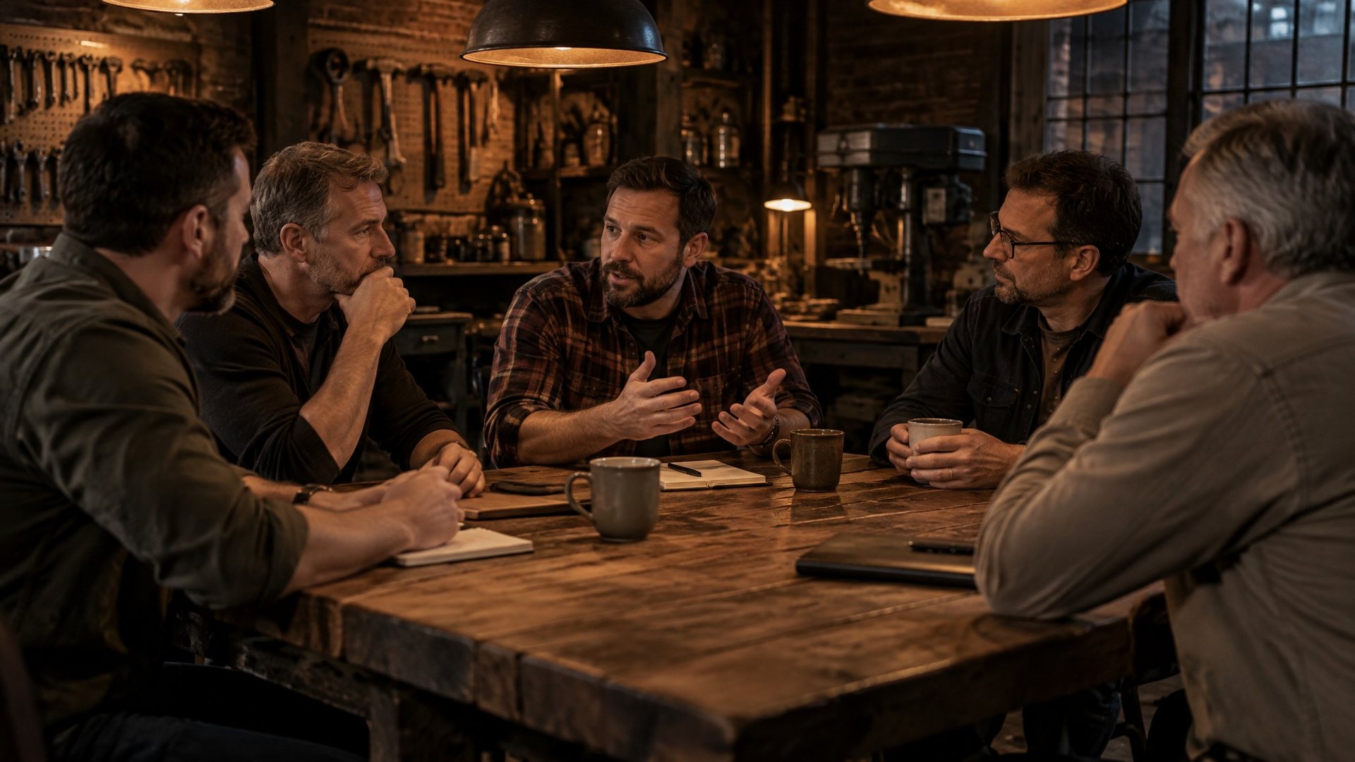 Men talking around a wooden table